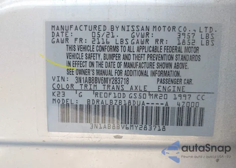 2021 Nissan Sentra S Xtronic Cvt from USA, damaged, VIN 3N1AB8BV6MY283718